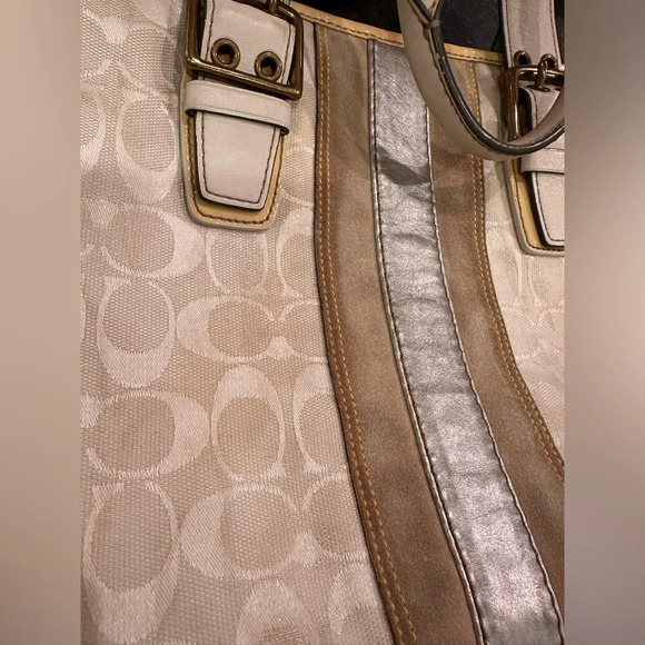 COACH 2181 Limited Ed. Metallic Silver Slim Tote Canvas Bag Yellow Patent Trim - Picture 7 of 7